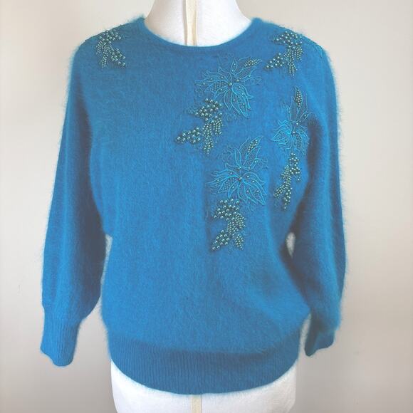 Lord & Taylor Sweaters - Lord & Taylor 80s Angora Teal Beaded Floral Fuzzy Sweater M